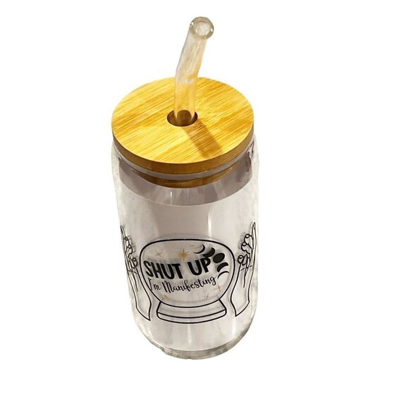 TAROT manifesting drinking glass bamboo lid glass straw "shut up I'm manifesting - Picture 4 of 5